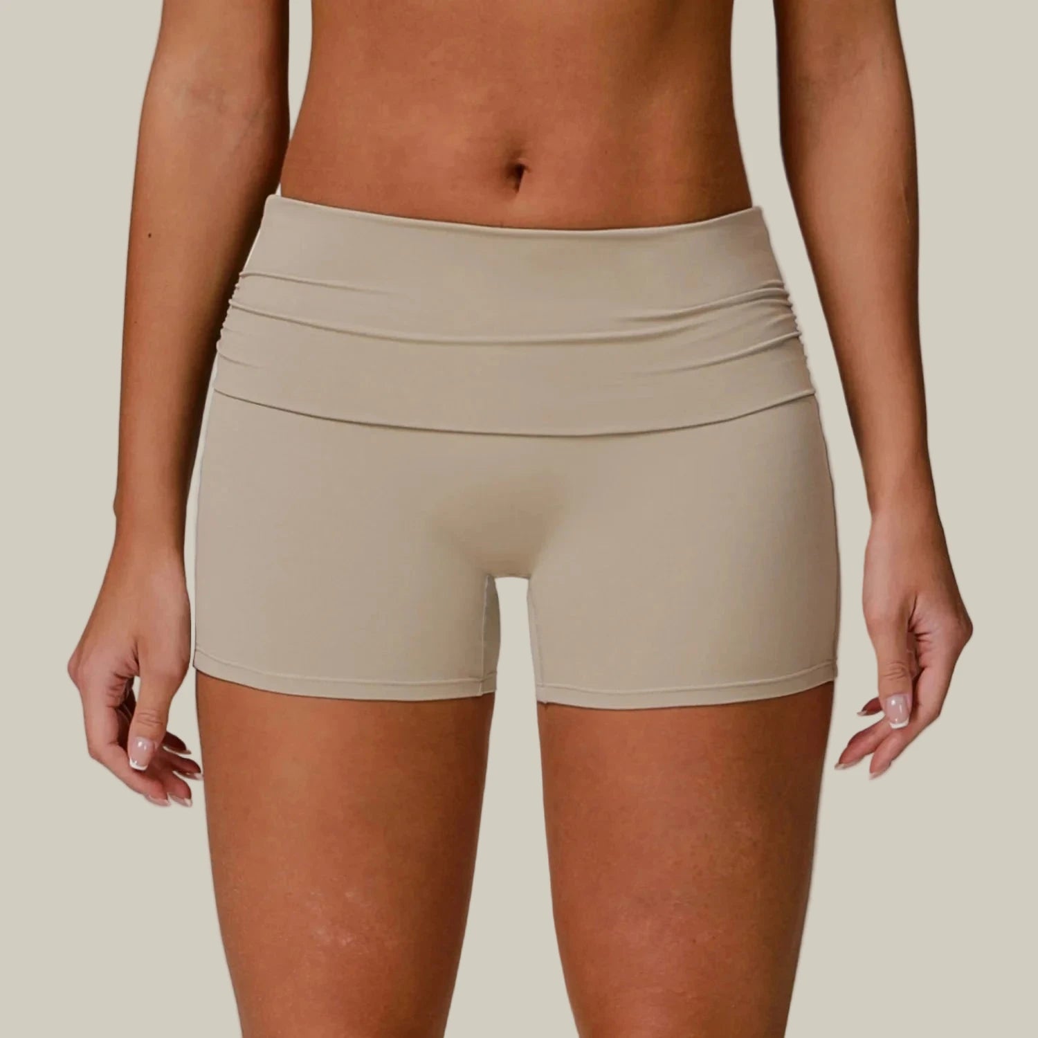 High-Waist Workout Shorts – Quick Dry Beige