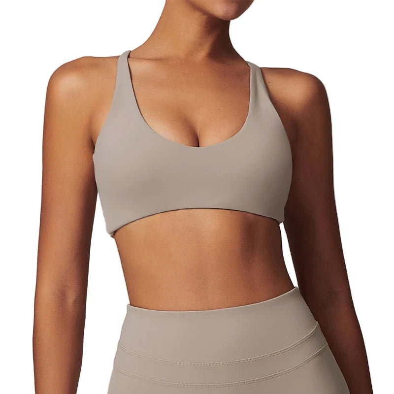 Women Fitness Gym Bra Back Cross Push up Sports Bra Gray