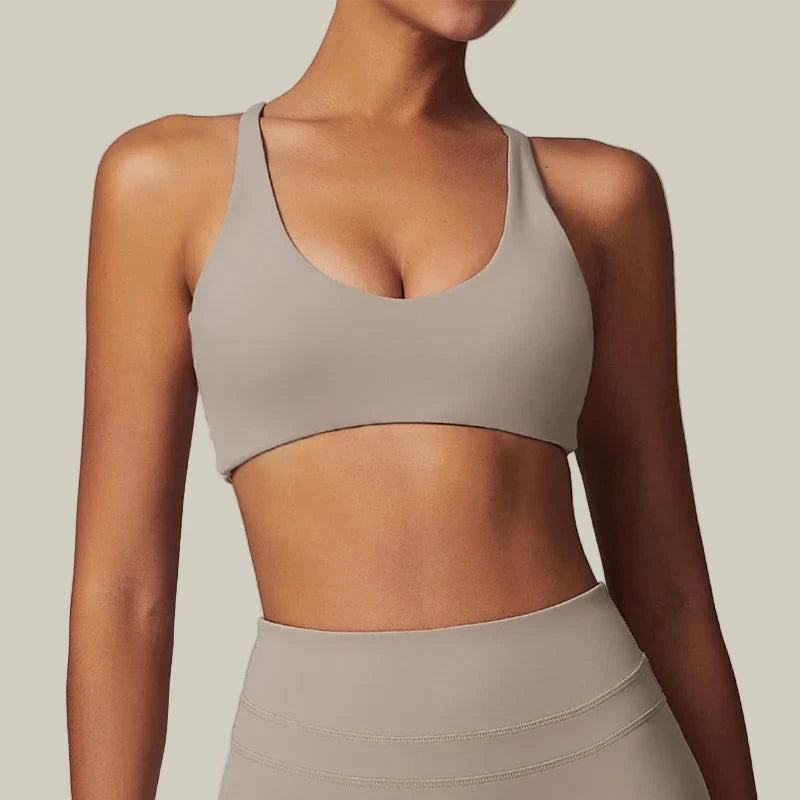 Women Fitness Gym Bra Back Cross Push up Sports Bra Gray