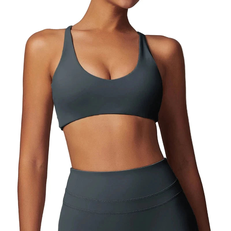 Women Fitness Gym Bra Back Cross Push up Sports Bra dark grey