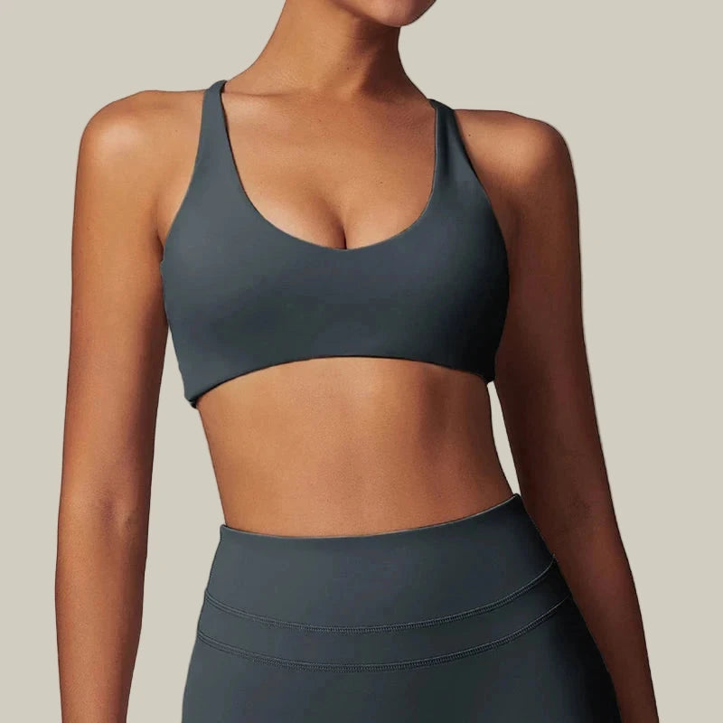 Women Fitness Gym Bra Back Cross Push up Sports Bra dark grey